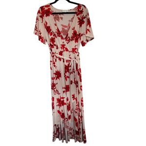 Gibson Latimer, XL, Peach & Red Floral Faux Wrap Dress, Hi Low, Wedding Guest